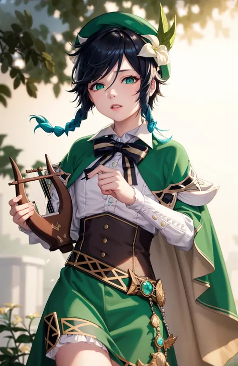 masterpiece, best quality,(night:1.6),1boy, male focus, venti (genshin impact), solo, green headwear, hat, flower, multicolored hair, long sleeves, braid, frilled sleeves, lyre, collared cape, twin braids, beret, shirt, short hair with long locks, white flower, leaf, instrument, bow, blue hair, gradient hair, black hair, bangs, white shirt, frills, holding instrument, cape, corset, green eyes, collared shirt, androgynous, musical note, holding, outdoors, looking at viewer,(kbxll:0.6)