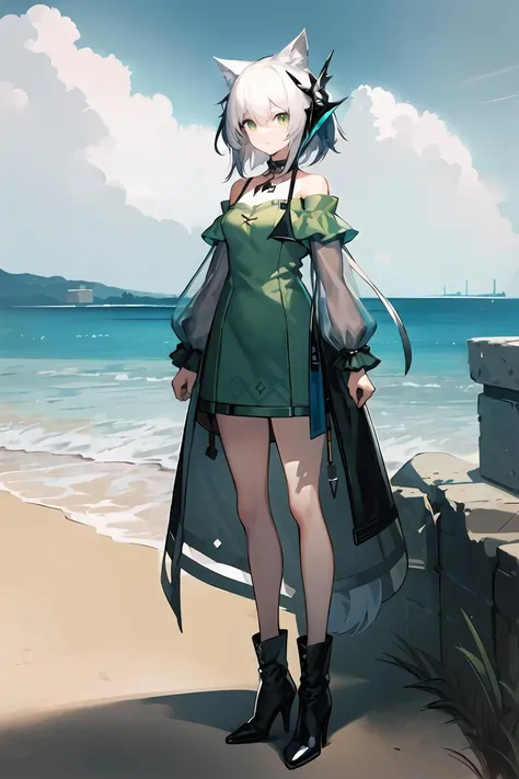 ognx style, solo, 1girl, (in beach),sky, sea, short hair, bangs, long sleeves, dress, animal ears, bare shoulders, jewelry, closed mouth, green eyes, standing, full body, white hair, boots, green hair, cat ears, off shoulder, high heels, animal ear fluff, see-through, brown footwear, high heel boots, green dress, watch, off-shoulder dress, wristwatch, oripathy lesion (arknights), stethoscope, kal'tsit (arknights) <lora:Arknights style:0.75>