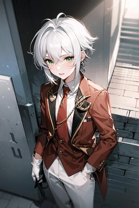 ognx style, solo, 1boy, (in street), male focus, white gloves, white hair, (green eyes), red shirt, white pants, light rays,   <lora:Arknights style:0.75>