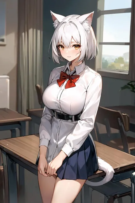 masterpiece, best quality, (ognx:1.3), high res, masterpiece, best quality, highres, 1girl, solo, in classroom, animal ears, white hair, short hair, brown eyes, tail, large breasts, school uniform, white shirt, skirt, bowtie, red bow, standing, cowboy shot <lora:Arknights style:0.95>