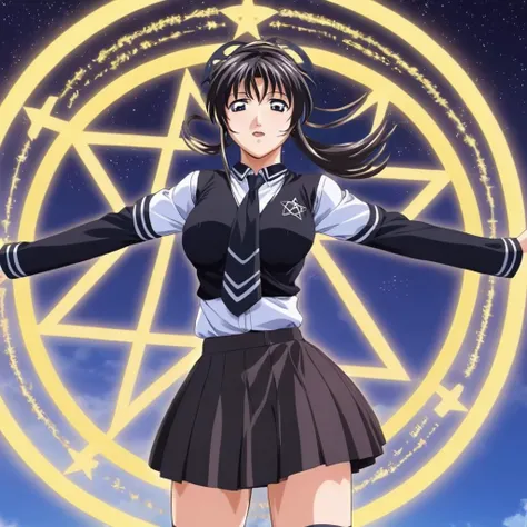 anime artwork of <lora:Bible Black style:1>
from below, a spinning object in the air with a spiral pentagram flowing, background,1girl,solo,skirt,long sleeves,school uniform,sky,serafuku,outstretched arms,spread arms,magic,magic circle eroge,anime,manga,nsfw,cartoon,Adult animation,explicit,Original video animation, Baiburu Burakku style, Bible Black style, black magic, rituals, demons, dark fantasy, anime style, key visual, vibrant, studio anime, highly detailed