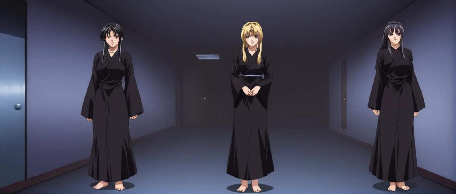 anime artwork of <lora:Bible Black style:1>
three women in black monk robs standing in a dark room,long hair,multiple girls,blonde hair,black hair,long sleeves,dress,standing,barefoot,indoors,3girls,black dress,4girls,door,dark,hallway eroge,anime,manga,nsfw,cartoon,Adult animation,explicit,Original video animation, Baiburu Burakku style, Bible Black style, anime style, key visual, vibrant, studio anime, highly detailed