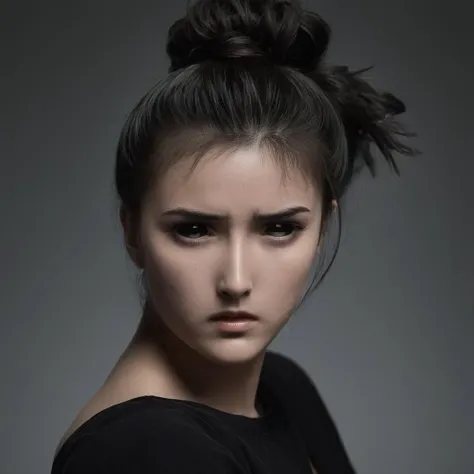 cinematic film still of <lora:Chiaroscuro Lighting Style:0.8>
<lora:black sclera v2:0.8> black sclera
<lora:Yukiko Minase:1> Yukiko Minase
dramatic, cinematic, shadow, partially covered in shadow, a woman with a messy shot hair Chiaroscuro Lighting Style, 1girl, solo, long hair, simple background, upper body, parted lips, grey background, hair bun, from side, lips, profile, single hair bun, messy hair, realistic, nose, shallow depth of field, vignette, highly detailed, high budget, bokeh, cinemascope, moody, epic, gorgeous, film grain, grainy