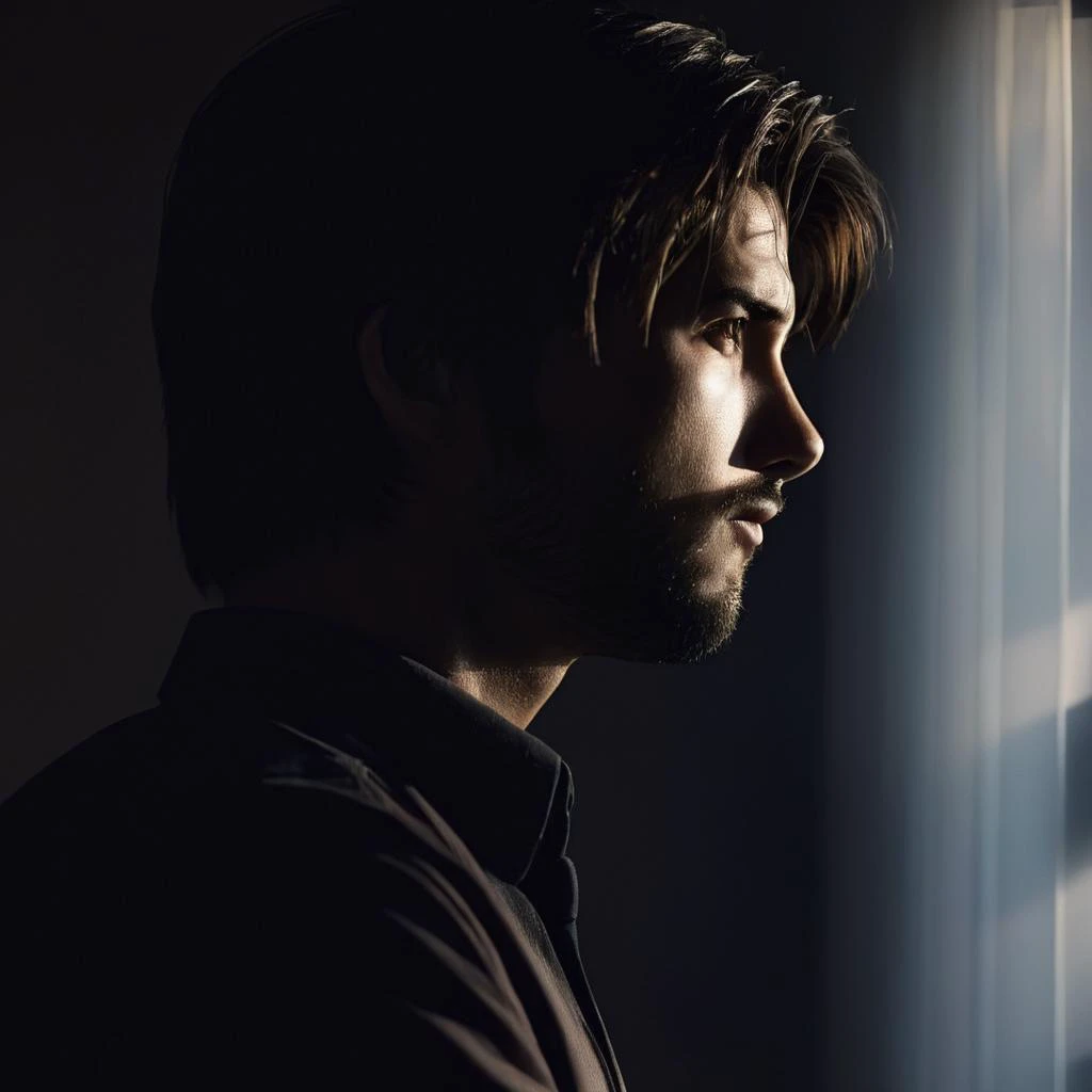 cinematic film still of <lora:Chiaroscuro Lighting Style:0.8>Chiaroscuro Lighting Style
<lora:Taki Minase:1>Taki Minase:1
dramatic, cinematic, shadow, partially covered in shadow, a man looking out a window Chiaroscuro Lighting Style, solo, 1boy, male focus, gun, profile, facial hair, handgun, realistic, casting window curtains shadows, shallow depth of field, vignette, highly detailed, high budget, bokeh, cinemascope, moody, epic, gorgeous, film grain, grainy