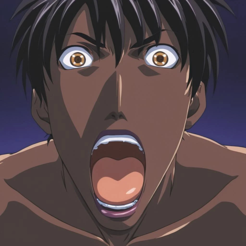 anime artwork of <lora:Bible Black style:1>
a man with a surprised face full of eyes,solo,open mouth,1boy,male focus,teeth,tongue,dark skin,scar,parody,dark-skinned male,screaming eroge,anime,manga,nsfw,cartoon,Adult animation,explicit,Original video animation, Baiburu Burakku style, Bible Black style, anime style, key visual, vibrant, studio anime, highly detailed