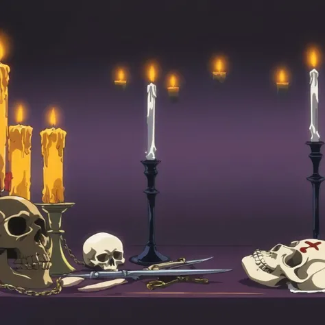 anime artwork of  <lora:Bible Black style:1>
a table with a skull,a candle,a skull,a glass bowl,a pair of scissors,a skull,a candle,a skull,a candle,a necklace,a skull,and a skull,and a candle,jewelry,necklace,cup,pillow,no humans,fire,skull,candle,candlestand eroge,anime,manga,nsfw,cartoon,Adult animation,explicit,Original video animation, Baiburu Burakku style, Bible Black style, black magic, rituals, anime style, key visual, vibrant, studio anime,  highly detailed