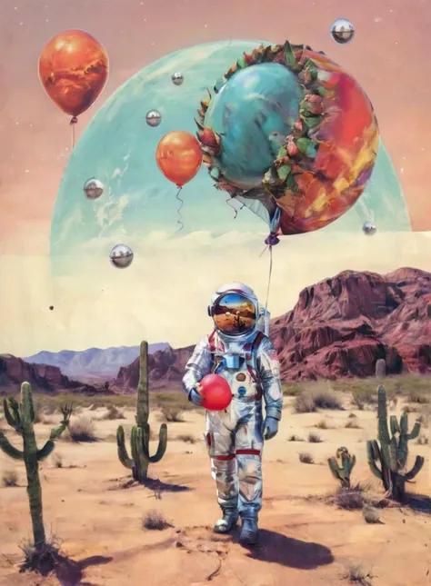 CTPST, MIXED MEDIA, COLLAGE of an astronaut in a desert, holding a balloon, planets, cactus, wavy colorful <lora:ctpst:0.8>