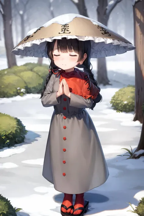 masterpiece, best quality, <lora:NarumiYatadera:1>,1girl, ajirogasa, braid, hat, snow, black hair, solo, twin braids, grey dress, long hair, dress, red capelet, own hands together, tree, outdoors, blush, capelet, long sleeves, closed eyes, sandals, long earlobes, bangs, standing, full body, bare tree, brown headwear, closed mouth, buttons