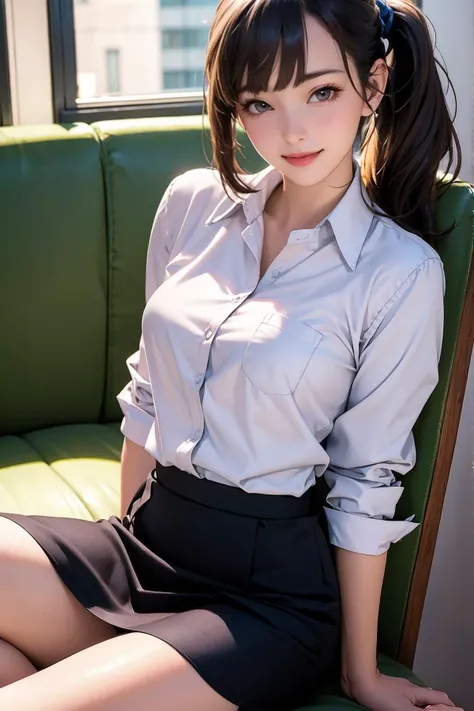 an incredible beautiful girl, delicate, elegant, neat, solo, pretty face, large eyes, medium hair, straight hair, bangs, (small breasts:0.9), perky breasts, narrow waist, smooth thighs, perfect figure, clear and smooth skin, natural skin texture, wearing dress shirts, flare skirt, sitting on the chair with legs together, (gentle smile), looking at viewer straight, (best quality, masterpiece:1.3), absurd-res, RAW photo, 8K photo album, (realistic, photo-realistic:1.3), extremely detailed, blurry background, in an office, (thigh shot), shot from diagonally front, shot from below, (close-up photo)