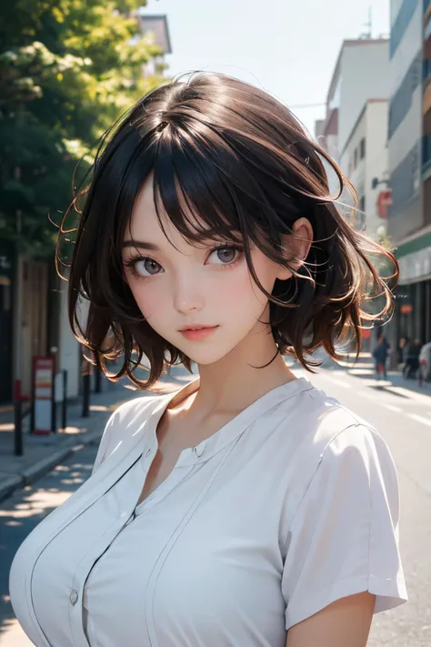 A natural breasts portrait of a woman, lustrous hair, beautiful face, dark brown eyes, glowing eyes, sensuous lips, huge breasts, in the style of Alejandro Cartagena. The woman is seen in a candid moment, blending into a vibrant cityscape or serene natural environment. The lighting is natural and soft, emphasizing the casual beauty of the scene. (high-quality:1.2), (masterpiece:1.1), (best-quality:1.2), (candid moment:1.3), (natural lighting:1.3), (urban or natural background:1.2), raw photo, ultra quality, absurd-res, high detail raw color photo, professional photograph
