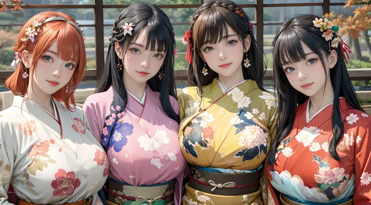 (masterpiece:1.3),(best quality:1.1),absurdres,(4girls),multicolored hair,hair ornament,bangs,petite,looking at viewer,braid,seductive smile,autumn setting,autumn trees and leaves,floral print,