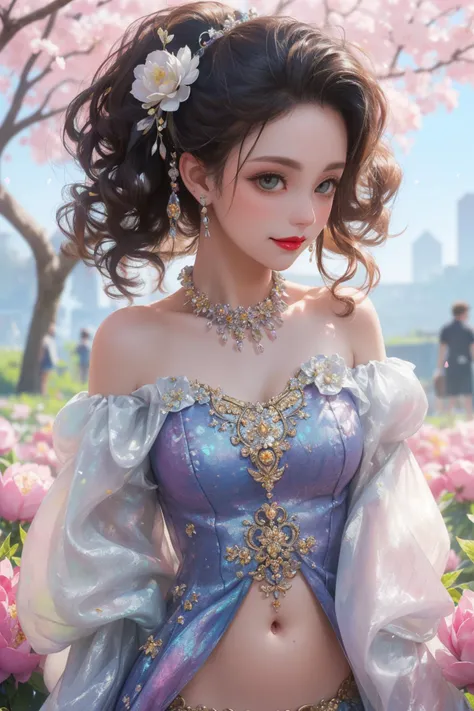 (masterpiece:1.5), (((top quality, best quality, high quality, finest quality, studio quality))), ((intricately detailed, ultra-detailed, insanely detailed)), highres, 32K, extremely detailed unity CG 8K wallpaper, (beautiful and aesthetic:1.4), fcDetailPortrait, fcPortrait, (trending on Artstation:1.5), 
(((brilliant full lighting, luscious vibrant colors))), (ambient volumetric backlighting:1.5), (half-body headshot:1.4),
(upper body:1.4), (upper half body:1.4), (balanced proportion:1.3), (judicious disposition:1.37), (logical orientation:1.4), (((comfortable standing posture))), (sharp focus:1.2, focused:1.4), (((natural model pose))), (((cinematic angle, front angle))),
(1girl:1.5), (solo:1.5), (mature female:1.5), (neat well-tucked hair with precise edges:1.5), (((clean forehead, clean hairless face, no hair on face))),
(((precise anatomy, anatomical precision))), beautiful gorgeous face, [(detailed face:1.2):0.2], elegant facial features, (((perfect eyelashes, delicate eyeliners, bright eyes))), pureerosface_v1, ulzzang-6500-v1.1, (delicate chic makeup:1.5), (closed mouth:1.5), (red lips:1.4), (full lips:1.4), (joyous:1.4), (cute smile:1.5),
(striking physique:1.5), (((sensuous body figure, hourglass body ratio:1.3))), attractive flawless body, (((curvy torso, smooth belly, realistic navel, pronounced wide pelvis:1.3))), (soft belly contours:1.4), (((pronounced feminine curves, prominent navel bulge:1.58, pelvis bulge:1.5))), (((glossy shiny skin, realistic skin blemishes, smooth skin, even complexion, hairless skin, no hair on skin))), (buxom:1.5), (((narrow waist, wide hips, skindentation, V-cut, pubic mound))),
(proper styling:1.5), (skin-tight:1.5), (avant-garde:1.5), (trendy opulent fashion:1.5), (luxurious prom dress:1.5), (ornate glittering long-sleeved shrug and bodice:1.5), (ornate puffy ballgown:1.5),  ((bows, frills, peplums):1.4), (tiered juliet sleeves:1.5), (puffy shoulders:1.37), (rosy velvet:1.4), (((floral print, full display of baroque-style jewelries, flowery patterns))), (gems-adorned detached collar:1.4), (fabrication glitters:1.5), (fine and delicate clothing details:1.5), (jeweled embroideries:1.4), (clothing sparkles:1.4), (sparkling particles:1.3), (((low-rise, sagging front seam, crotch seam, sagging hind seam))), (((earrings, armlets, jeweled flowery hair ornament:1.5))), <lora:Outfit_soph-LabyrinthBallgown:0.75>, 
(upright posture:1.4), (walking alone:1.5), (in an enchanted natural garden fully decorated with glistening gemstones and blossoming exotic flower beds:1.5), (the garden is located in an isolated spacious area deep in a magical forest:1.5), (colorful peonies:1.5), (succulent plum blossoms:1.3), (blooming cherry blossoms:1.5), (glistening fragrant petals:1.5), (spectacular scene:1.37), (intricate dreamlike fantasy-style background:1.4), (magnificent landscape:1.5), <lora:age_slider_v2:-1.5>, <lora:detail_slider_v4:1.8>,