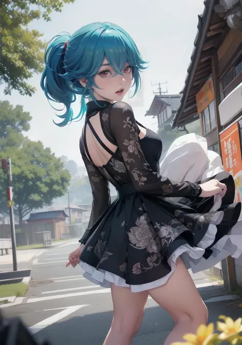 1girl, solo, solo focus, Lili Reinhardt, stunning modern urban upscale environment, ultra realistic, concept art, elegant, highly detailed, intricate, sharp focus, depth of field, (centered image composition), (professionally color graded), HDR, 16K, 32K. Generate a hyper-detailed 8K image showcasing the beauty of a girl. Ensure the photorealistic rendering captures the intricate folds of the fabric and her elegance with precision, taken by Jovana Rikalo, Ralph Gibson, and George Hurrell with Nikon D90, Nikon AF-S 24-70mm f/2.8E ED VR BREAK
(uncensored, wallpaper, best quality, studio quality, highly detailed), (Low angle (from behind) view Extreme Close shot (focus on knees)), (outdoor, Sushi restaurant in Tokio, A serene countryside with a winding river and a thatched roof cottage, renaissance oil painting, Lily, refined, Kandinsky, A hurricane with heavy rain and strong winds battering the coast, after rain,daytime,autumn) BREAK
(standing, dynamic pose) BREAK
(looking at viewer, Fearful, Wide-open eyes, a furrowed brow, and a slightly open mouth), (yamadaptd, red eyes, blue hair, small breasts, low ponytail, long hair:1.3), (ornate style clothing) <lora:9Yamada:0.5>