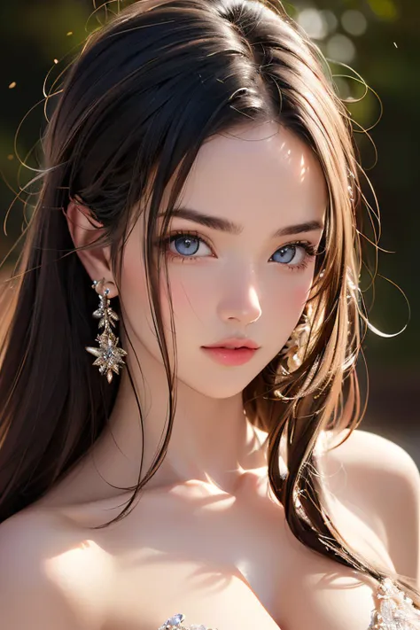 ((No NSFW)), photorealistic, masterpiece, photorealistic, high resolution, best quality, hyper detail, soft light, shadow not dark, long hair, jewelry, [[[pink suit]]], cool style, hips up, detailed definite face and eyes and eyebrows and nose and lips and mouth, finely detailed eyes and face, Beautiful detailed eyes, blue eyes, no catchy light in eyes, beautiful detailed face, Sexy face, Face feeling ecstasy, looking at viewer, ((Dark background)), photorealistic, female model's face in focus, shallow DOF. From front, cowboy shot of female model. Female model is hair nude, around 20-23 years old, wearing nothing [[[under pink suit]]], with big cleavage chest and big round breasts and big bouncy breasts and small waist and wasp waist and wide hips and attractive thighs, with no choker, with bare neck and bare collarbones and bare shoulders.