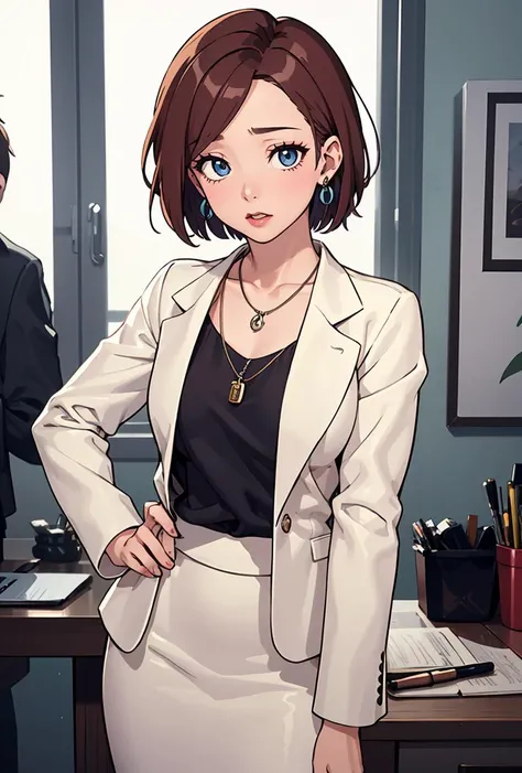 (masterpiece, best quality), 1girl, <lora:ChristieArimura:0.8> ChristieArimura, 1girl, solo, short hair, blue eyes, pencil skirt, brown hair, long sleeves, jewelry, collarbone, white jacket, earrings, necklace, makeup, formal,