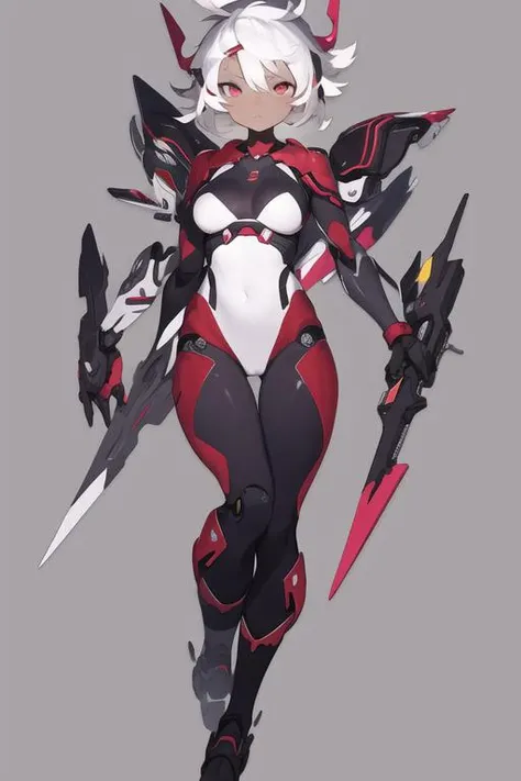 in the style of <lora:mcg-000008:1>.1girl, solo, white hair, bodysuit, mecha musume, short hair, dark-skinned female, dark skin, mechanical arms, pink eyes, full body, looking at viewer, thigh gap, black bodysuit, red eyes, grey background, breasts, armor, closed mouth