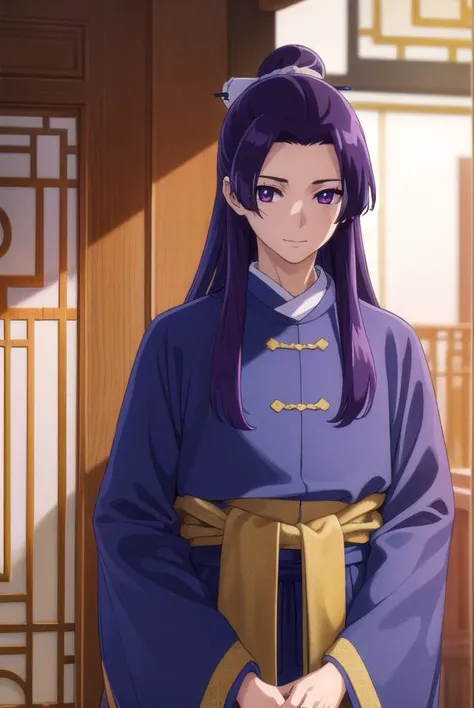 jinshi, <lora:jinshi s1-lora-nochekaiser:1>,
jinshi, long hair, (purple eyes:1.1), purple hair, male focus, hair bun, (parted bangs:1.5), smile,
BREAK long sleeves, wide sleeves, chinese clothes, robe, hanfu,
BREAK indoors,
BREAK looking at viewer, (cowboy shot:1.5),
BREAK <lyco:GoodHands-beta2:1>, (masterpiece:1.2), best quality, high resolution, unity 8k wallpaper, (illustration:0.8), (beautiful detailed eyes:1.6), extremely detailed face, perfect lighting, extremely detailed CG, (perfect hands, perfect anatomy),