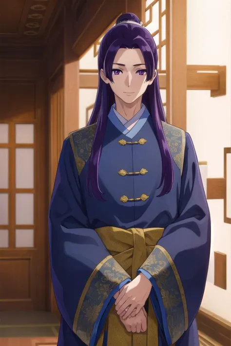 jinshi, <lora:jinshi s1-lora-nochekaiser:1>,
jinshi, long hair, (purple eyes:1.1), purple hair, male focus, hair bun, (parted bangs:1.5), smile,
BREAK long sleeves, wide sleeves, chinese clothes, robe, hanfu,
BREAK indoors,
BREAK looking at viewer, (cowboy shot:1.5),
BREAK <lyco:GoodHands-beta2:1>, (masterpiece:1.2), best quality, high resolution, unity 8k wallpaper, (illustration:0.8), (beautiful detailed eyes:1.6), extremely detailed face, perfect lighting, extremely detailed CG, (perfect hands, perfect anatomy),