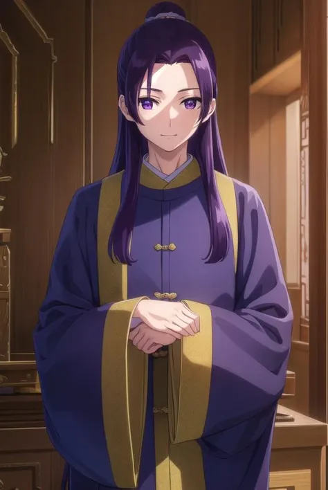 jinshi, <lora:jinshi s1-lora-nochekaiser:1>,
jinshi, long hair, (purple eyes:1.1), purple hair, male focus, hair bun, (parted bangs:1.5), smile,
BREAK long sleeves, wide sleeves, chinese clothes, robe, hanfu,
BREAK indoors,
BREAK looking at viewer, (cowboy shot:1.5),
BREAK <lyco:GoodHands-beta2:1>, (masterpiece:1.2), best quality, high resolution, unity 8k wallpaper, (illustration:0.8), (beautiful detailed eyes:1.6), extremely detailed face, perfect lighting, extremely detailed CG, (perfect hands, perfect anatomy),