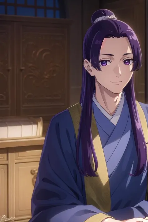jinshi, <lora:jinshi s1-lora-nochekaiser:1>,
jinshi, long hair, (purple eyes:1.1), purple hair, male focus, hair bun, (parted bangs:1.5), smile,
BREAK long sleeves, wide sleeves, chinese clothes, robe, hanfu,
BREAK indoors,
BREAK looking at viewer, (cowboy shot:1.5),
BREAK <lyco:GoodHands-beta2:1>, (masterpiece:1.2), best quality, high resolution, unity 8k wallpaper, (illustration:0.8), (beautiful detailed eyes:1.6), extremely detailed face, perfect lighting, extremely detailed CG, (perfect hands, perfect anatomy),