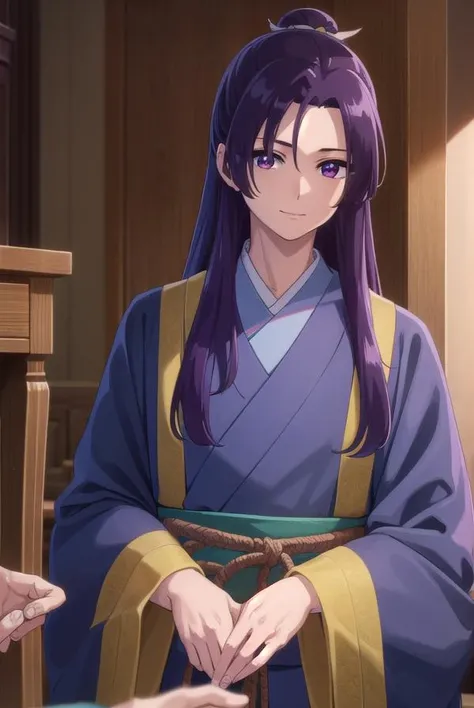 jinshi, <lora:jinshi s1-lora-nochekaiser:1>,
jinshi, long hair, (purple eyes:1.1), purple hair, male focus, hair bun, (parted bangs:1.5), smile,
BREAK long sleeves, wide sleeves, chinese clothes, robe, hanfu,
BREAK indoors,
BREAK looking at viewer, (cowboy shot:1.5),
BREAK <lyco:GoodHands-beta2:1>, (masterpiece:1.2), best quality, high resolution, unity 8k wallpaper, (illustration:0.8), (beautiful detailed eyes:1.6), extremely detailed face, perfect lighting, extremely detailed CG, (perfect hands, perfect anatomy),
