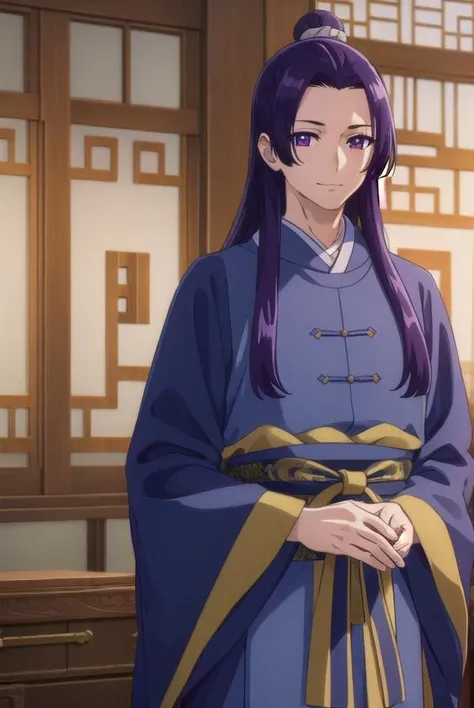 jinshi, <lora:jinshi s1-lora-nochekaiser:1>,
jinshi, long hair, (purple eyes:1.1), purple hair, male focus, hair bun, (parted bangs:1.5), smile,
BREAK long sleeves, wide sleeves, chinese clothes, robe, hanfu,
BREAK indoors,
BREAK looking at viewer, (cowboy shot:1.5),
BREAK <lyco:GoodHands-beta2:1>, (masterpiece:1.2), best quality, high resolution, unity 8k wallpaper, (illustration:0.8), (beautiful detailed eyes:1.6), extremely detailed face, perfect lighting, extremely detailed CG, (perfect hands, perfect anatomy),