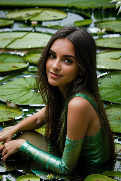 a realistic photograph of beautiful (C4ryn41:1.1) woman as a (forest fairy:1.2),(sitting on a lily pad:1.4),smiling,light,elemental,water magic,blue,water,magical,righteous,(outdoors),(dappled sunlight:0.7),reflective surface,wholesome,complimentary colors,particle dust,green embers,(ancient),(vegetation),plants,(destiny 2:1.25),(no humans:1.5),detailed texture,flower,national geographic photograph,PA7_Portrait-MCU,<lora:C4ryn41_06B-000002:0.9>,