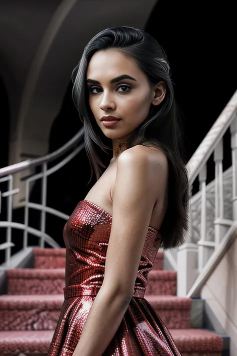 a photograph of beautiful (C4ryn41:1.1) woman,as a socialite attending the Metropolitan Art gala,wearing a long (elegant sangria red ball gown:1.2),wearing diamond necklace and earrings,long hair in chignon,(standing on a curved marble staircase:1.3),in the atrium of an (elegant hotel:1.2),red lipstick,makeup and eyeshadow,(face focus),sharp focus,detailed eyes,(highly detailed),(8k wallpaper),intricately detailed,highres,absurdres,hyper realistic,8K UHD DSLR,Fujifilm XT3,taken with (Canon EOS 1Ds camera),extremely intricate,dramatic,(looking at viewer),face focus,elegant,hyperdetailed,PA7_Portrait-MS,<lora:C4ryn41_06B-000002:1.0>,