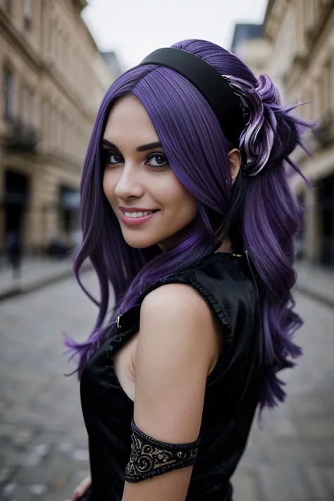 A RAW anime illustration of beautiful (C4ryn41:1.1) woman,upper body,smile,hair_over_one_eye,black tiara,(purple_hair:1.2),oriental costume,town,victorian architecture,(masterpiece,best quality,hires,high quality,by professional artist,ultra detailed,extremely detailed,absurdres,incredible resolution:1.2),PA7_Portrait-MS,<lora:C4ryn41_06B-000002:1.0>,