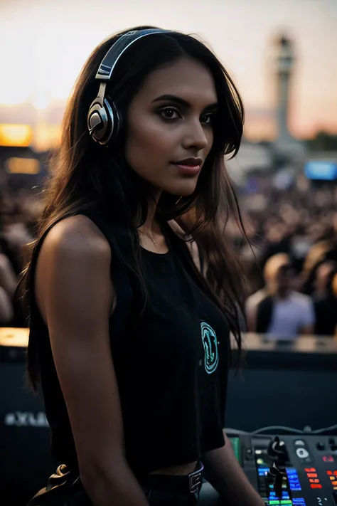 Realistic photo of a beautiful (C4ryn41:1.1) woman as a Dubstep DJ,on-stage working pioneer dj controller,wearing headphones,hands in the air like we just don't care,with crowds below,at a concert festival in ibiza,1girl,solo,long hair,looking at viewer,smile,parted lips,sleeveless,lips,bright stage lighting,volumetric lighting,outdoor,at sunset with dark shadows,professional Photography,Photorealistic,detailed,RAW,analog,sharp focus,8k,HD,high quality,masterpiece,PA7_Portrait-MS,<lora:C4ryn41_06B-000002:1.0>,