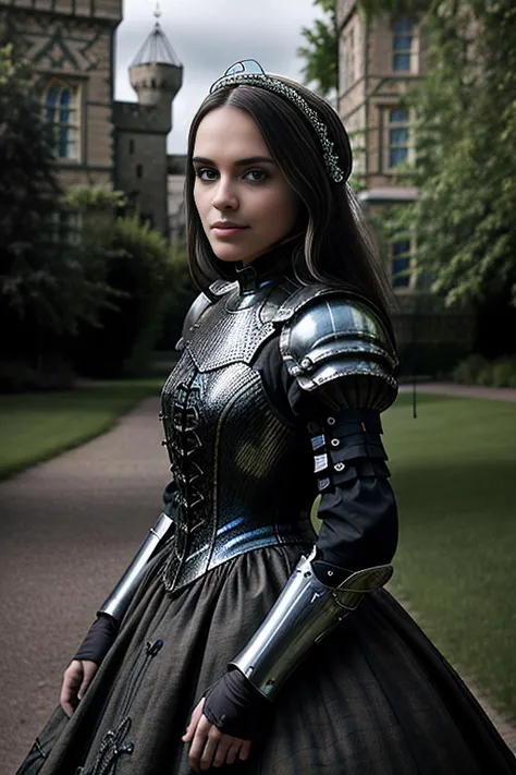 a realistic photograph of beautiful (C4ryn41:1.1) woman in a (1840's Victorian era ballgown|suit of armor:0.6) in the fashion of (armor battle dress:1.2),posing for a picture,standing in front of a (medival castle:1.3),[victorian dress|armor:0.5],4K,Masterpiece,highres,absurdres,photorealistic,smiling,PA7_Portrait-MCU,<lora:C4ryn41_06B-000002:1.0>,