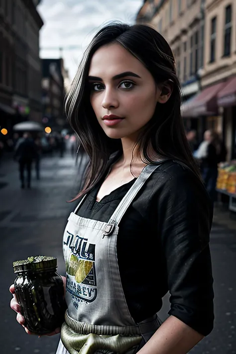 a professional photograph of beautiful (C4ryn41:1.1) woman,as a beautiful merchant,wearing a (pearl gray) (shopkeepers apron:1.2)over(black shirt:1.1),holding a (large jar of pickles:1.4),standing in front of a (produce stand:1.1),at a busy street market,on cobblestone street,crowded with shoppers,long hair,lipstick,makeup and eyeshadow,magazine advertisement photoshoot,sharp focus,detailed eyes,(highly detailed),(HDR),(8k wallpaper),intricately detailed,high contrast,highres,absurdres,hyper realistic,8K UHD DSLR,Fujifilm XT3,taken with (Canon EOS 1Ds camera),extremely intricate,(looking at viewer),4k textures,elegant,(cinematic look),hyperdetailed,PA7_Portrait-MS,<lora:C4ryn41_06B-000002:1.0>,