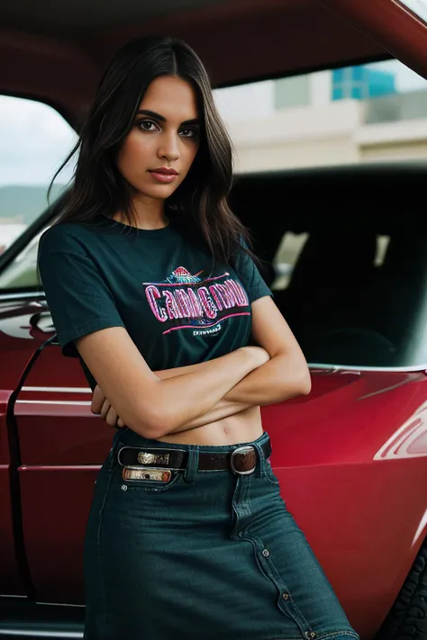 a realistic photograph of beautiful (C4ryn41:1.1) woman as a young beach babe,wearing burgundy pageboy,wearing rock concert T-shirt,maxi skirt,beaded bracelets,standing in a (1970s car dealership:1.2) showroom filled with colorful and stylish muscle cars,dodge challenger,chevrolet camero,colorful,intricate,detailed,high contrast,looking_at_viewer,highres,absurdres,hyper realistic,HDR UDH 8K wallpaper,PA7_Portrait-MCU,<lora:C4ryn41_06B-000002:0.9>,
