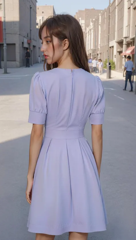 (best quality:1.4), (masterpiece:1.4), (ultra high res, raw photo:1.4), (photorealistic:1.4), RAW photo, soft light, 1girl, (brown eyes), detailed beautiful face, full body, (from behind), wearing blue dress, (girl on the street:1.4), <lora:P_dress:0.7>,