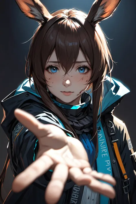 1girl,amiya \(arknights\),arknights,dirty face,outstretched hand,close-up,cinematic angle,foreshortening,dark,dark background,masterpiece,best quality,realistic art style,