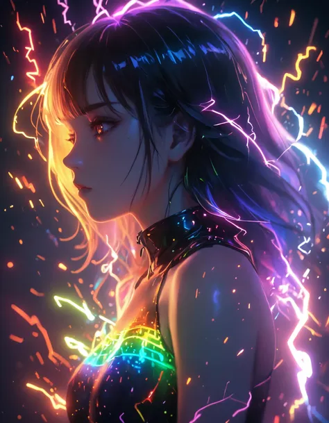 <lora:glowneon_xl_v1:1> glowneon, glowing, sparks, lightning, chromatic aberration, fusion of rainbow with woman, artwork, side view, 18yo, bare shoulders, fantasy art style,