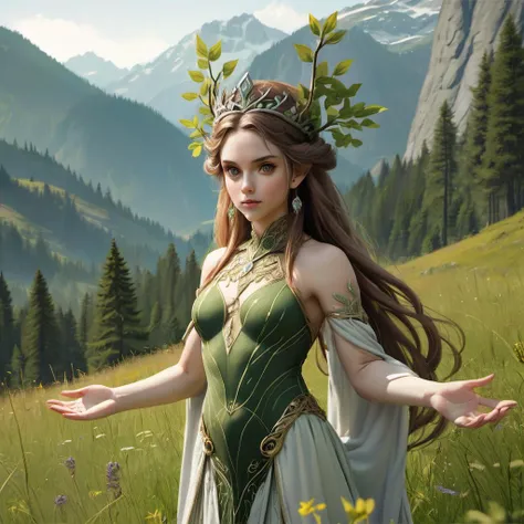 (extremely intricate:1.3), (realistic), (beautiful and aesthetic:1.1),high detail, meadow, mountain view,
dryad, majestic queen, regal pose, facing viewer
