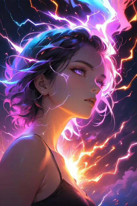 masterpiece,best quality,glowing,sparks,lightning,chromatic aberration,fusion of rainbow with woman,artwork,18yo,bare shoulders,fantasy art style,realistic art style