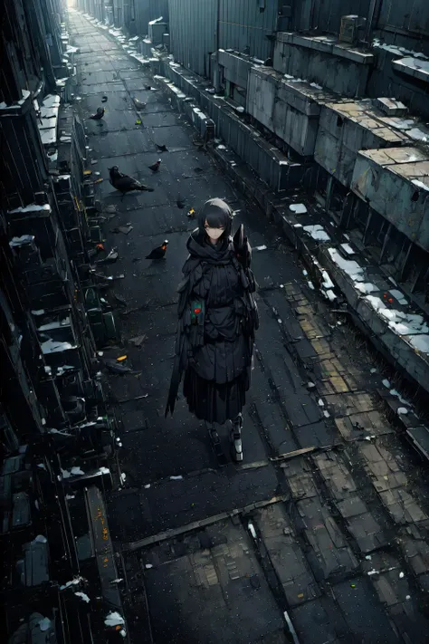 (bird's eye view:1.2),[人åãAsuka,crow,worn mecha,abandoned road,detailed textures,a solemn and cold atmosphere,visual storytelling,dynamic composition,looking at viewer,eye contact,