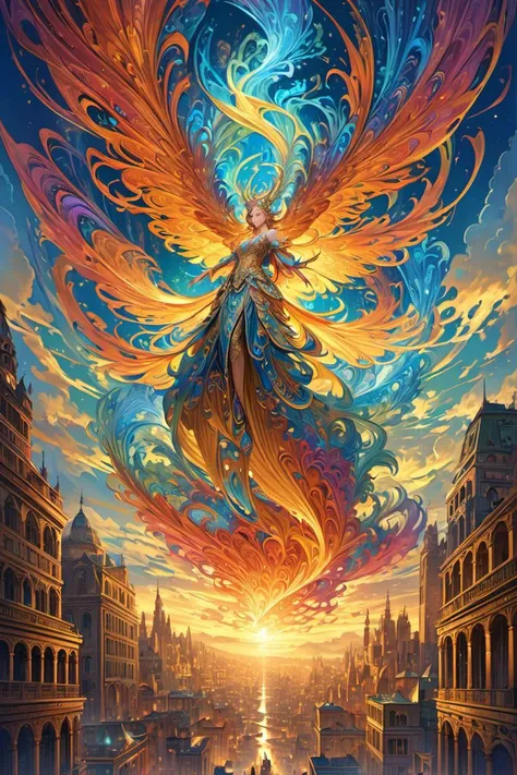 ethereal fantasy concept art of best quality,fractal art,A stunning girl jump up between tall buildings inthe city,in the style of structured chaos,goldenpalette,unique yokai illustrations,cryengine,largescale murals,ornate complexity,vivid energy,masterpiece, . magnificent, celestial, ethereal, painterly, epic, majestic, magical, fantasy art, cover art, dreamy