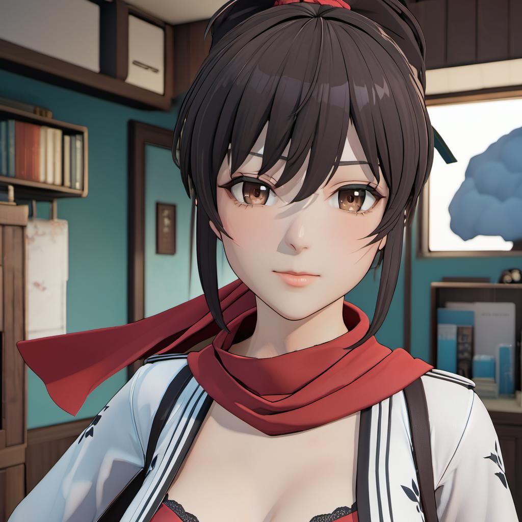Anime girl with black hair and red scarf in a room - SeaArt AI