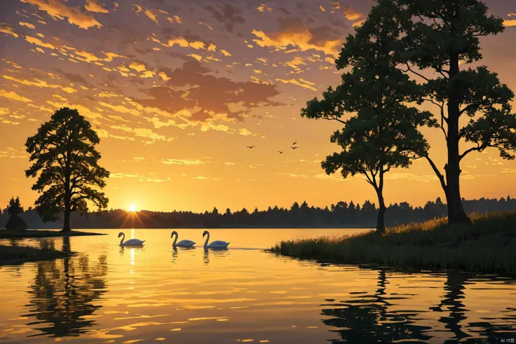 reallistaic art style, By a tranquil lake, the afterglow of the setting sun casts a golden path on the water's surface. The silhouettes of trees are sharply defined against the light, their shadows dancing gently. On the lake, a solitary swan glides gracefully, its reflection rippling on the water.