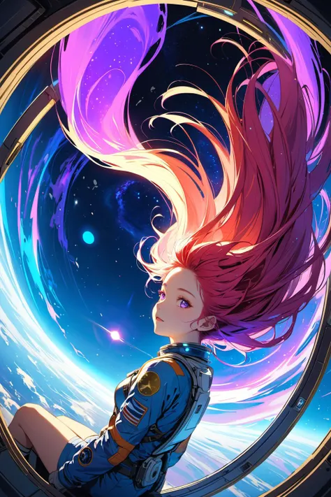 realistic anime art style, realistic art style breathtaking 1girl 21yo astronaut,navel,very long glowing light red hair,two-tone hair,hair floating in zero gravity,floating in the window of her space station looking at a vibrant,blue and violet nebula,perfect face,electric blue glowing swirl tattoos,Glowing eyes,dynamic_angle,from_above,star_in_eye,anime style,background light,(v:1.2),bracelet,happy,closed mouth, . award-winning, professional, highly detailed