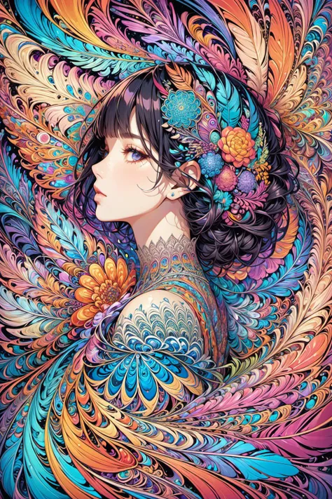 masterpiece,top quality,best quality,official art,beautiful and aesthetic,(1girl:1.2),extremely detailed,(fractal art:1.1),colorful,flowers,highest detailed,zentangle,abstract background,shiny skin,many colors,feathers,