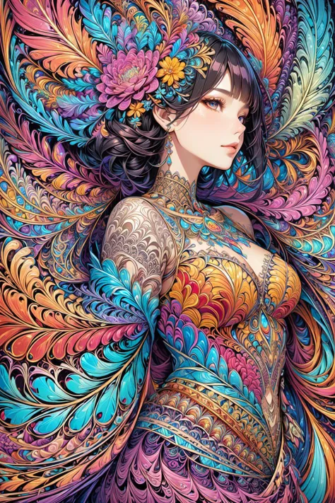 (masterpiece, top quality, best quality, official art, beautiful and aesthetic:1.2), (1girl:1.3), extremely detailed,(fractal art:1.2),colorful,highest detailed,(zentangle:1.2), (dynamic pose), (abstract background:1.5), (treditional dress:1.2), (shiny skin), (many colors:1.4), upper body