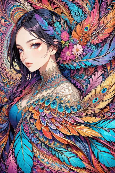 peacock rainbow tail,  (lots of peacock tails), large peacock pattern, gold and blue peacock tail, Brighter, giga_busty