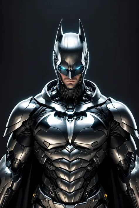 masterpiece,best quality,full body close-up of Batman dressed in intricate cyberpunk streamlined platinum armor,ultra-high-definition movie poster,dark cosmopolitan background,strong contrast,realistic art style,