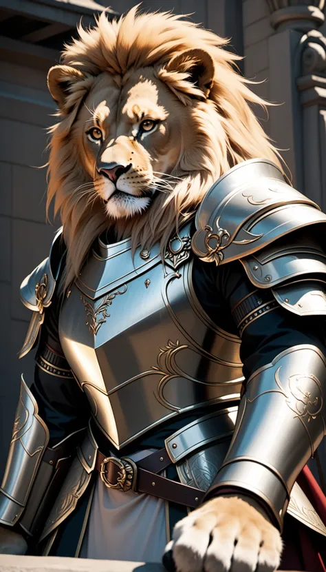 a lion in armor poses for a picture, cinematic close shot