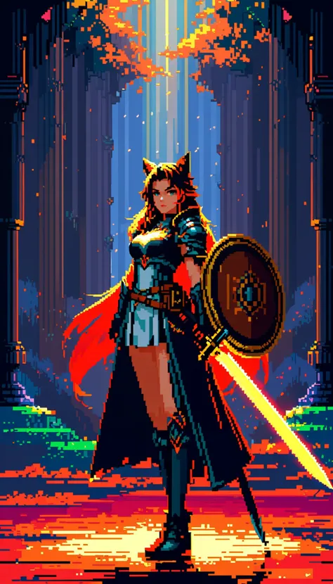 pixel art, warrior woman wearing golden bikini armor, holding a sword, (facing a demon), night, starry sky, half moon,