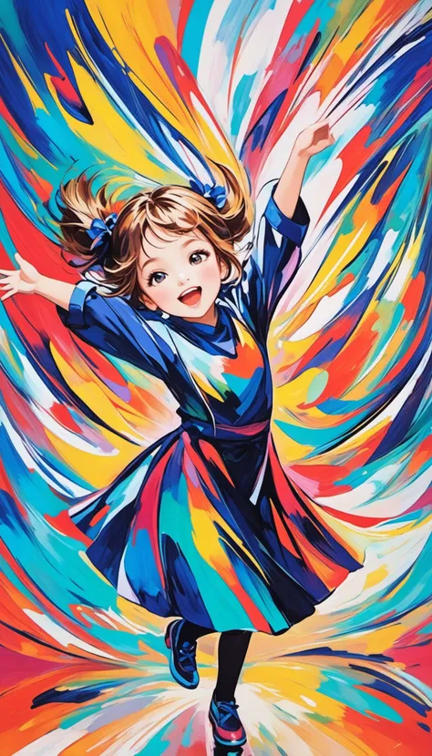abstract expressionist painting of a dancing child. energetic brushwork, bold colors, abstract forms, expressive, emotional